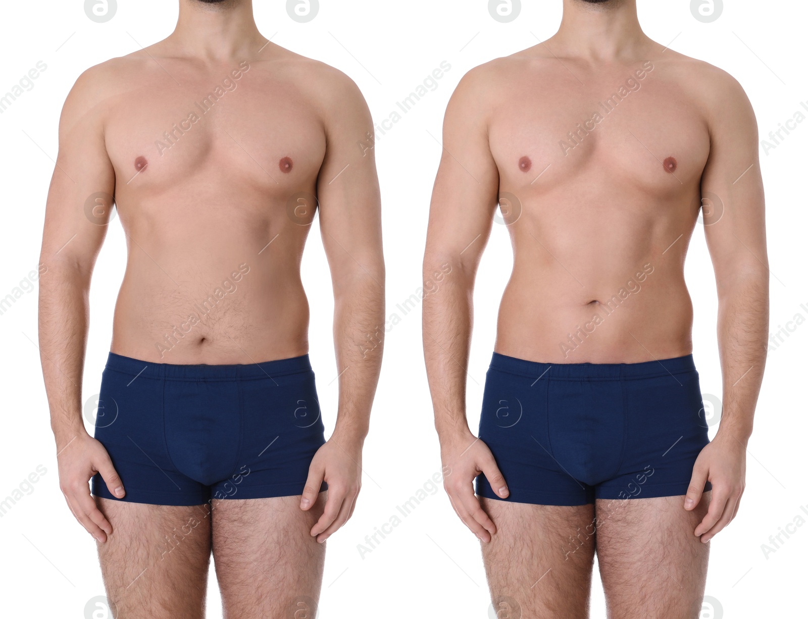 Image of Man before and after weight loss on white background, closeup. Collage of photos