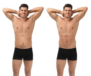 Man before and after weight loss on white background. Collage of photos