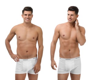 Image of Man before and after weight loss on white background. Collage of photos