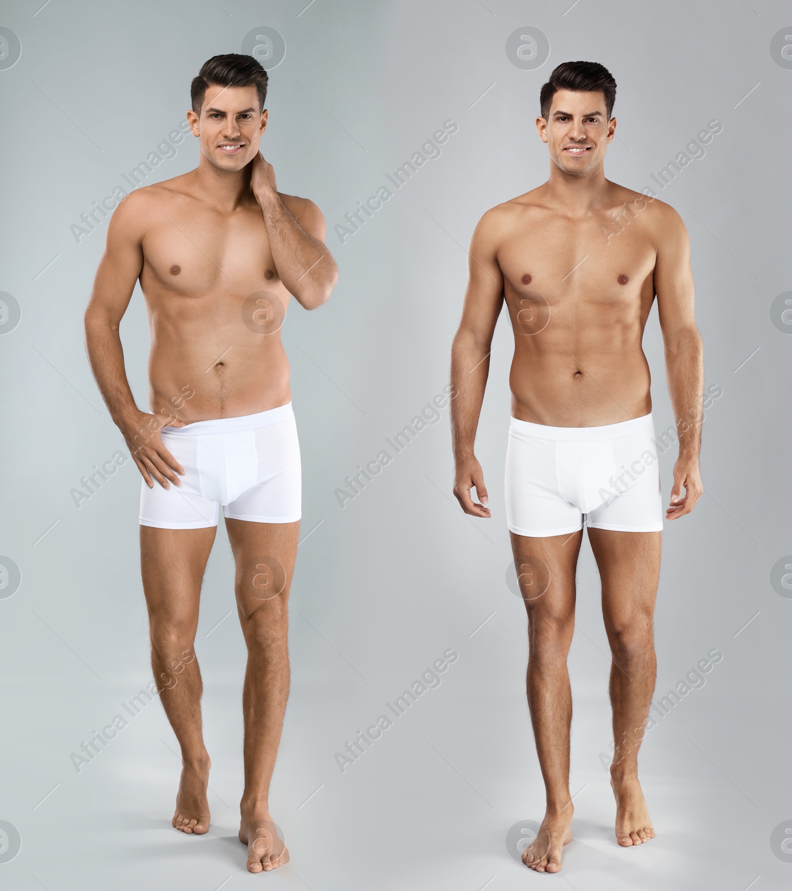 Image of Man before and after weight loss on light grey background. Collage of photos