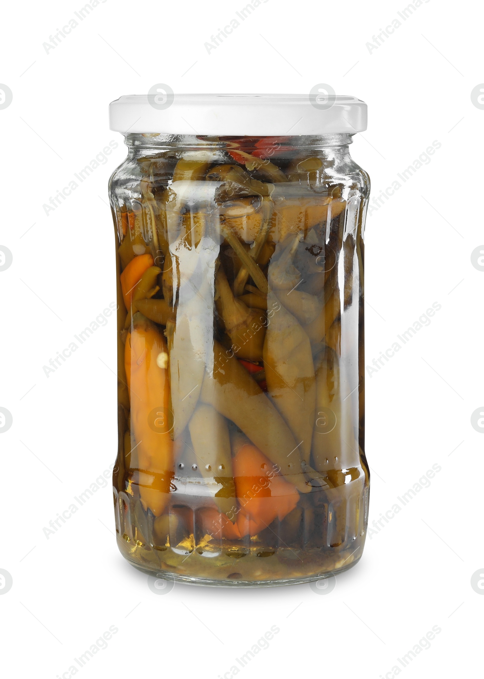 Photo of Tasty pickled jalapeno peppers in jar isolated on white