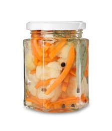 Photo of Tasty pickled carrots and cauliflower in jar isolated on white