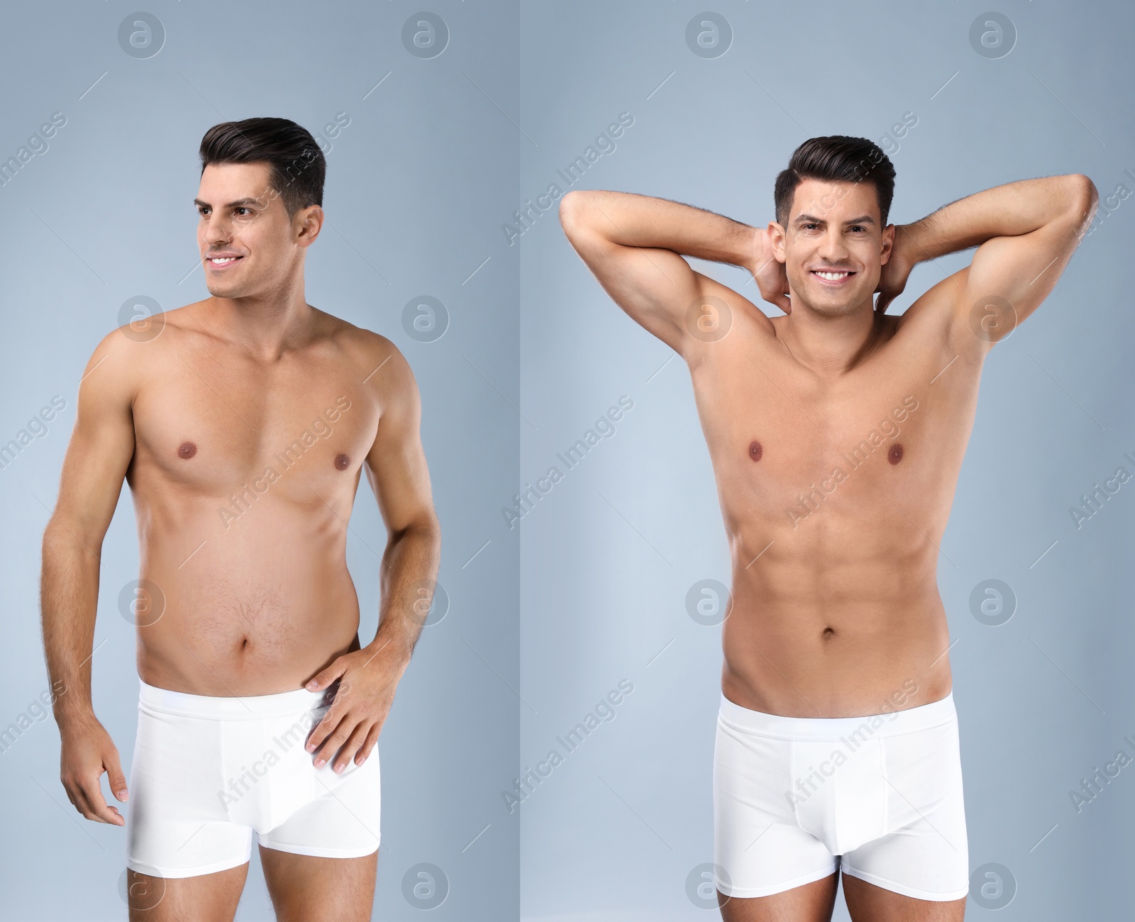 Image of Man before and after weight loss on light grey background. Collage of photos