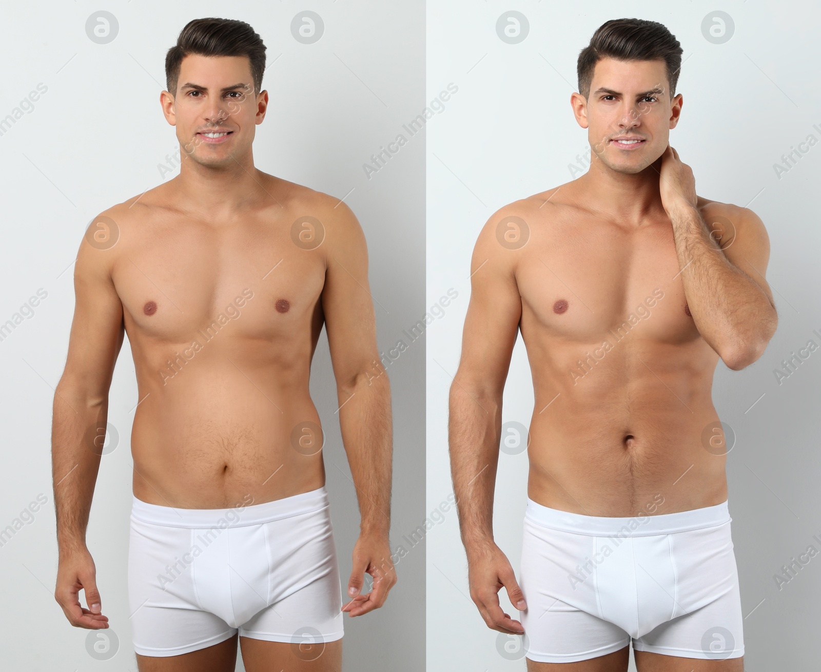 Image of Man before and after weight loss on light grey background. Collage of photos