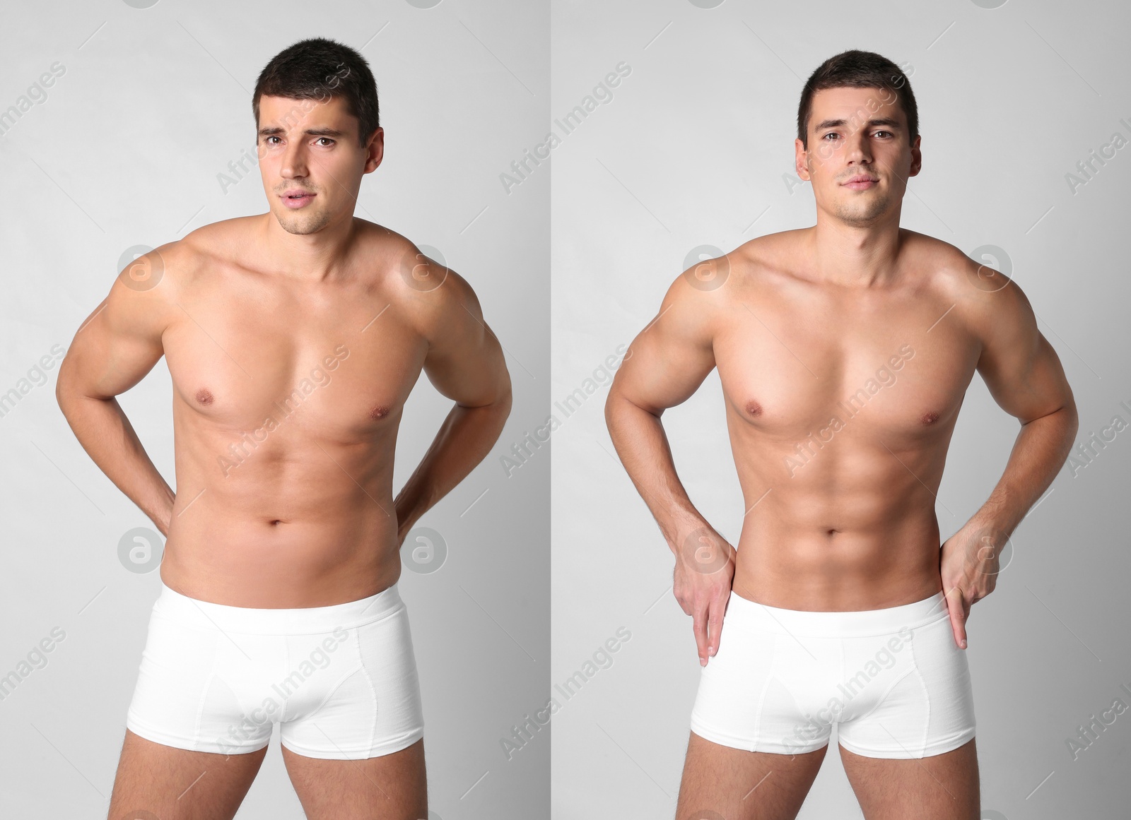 Image of Man before and after weight loss on light grey background. Collage of photos