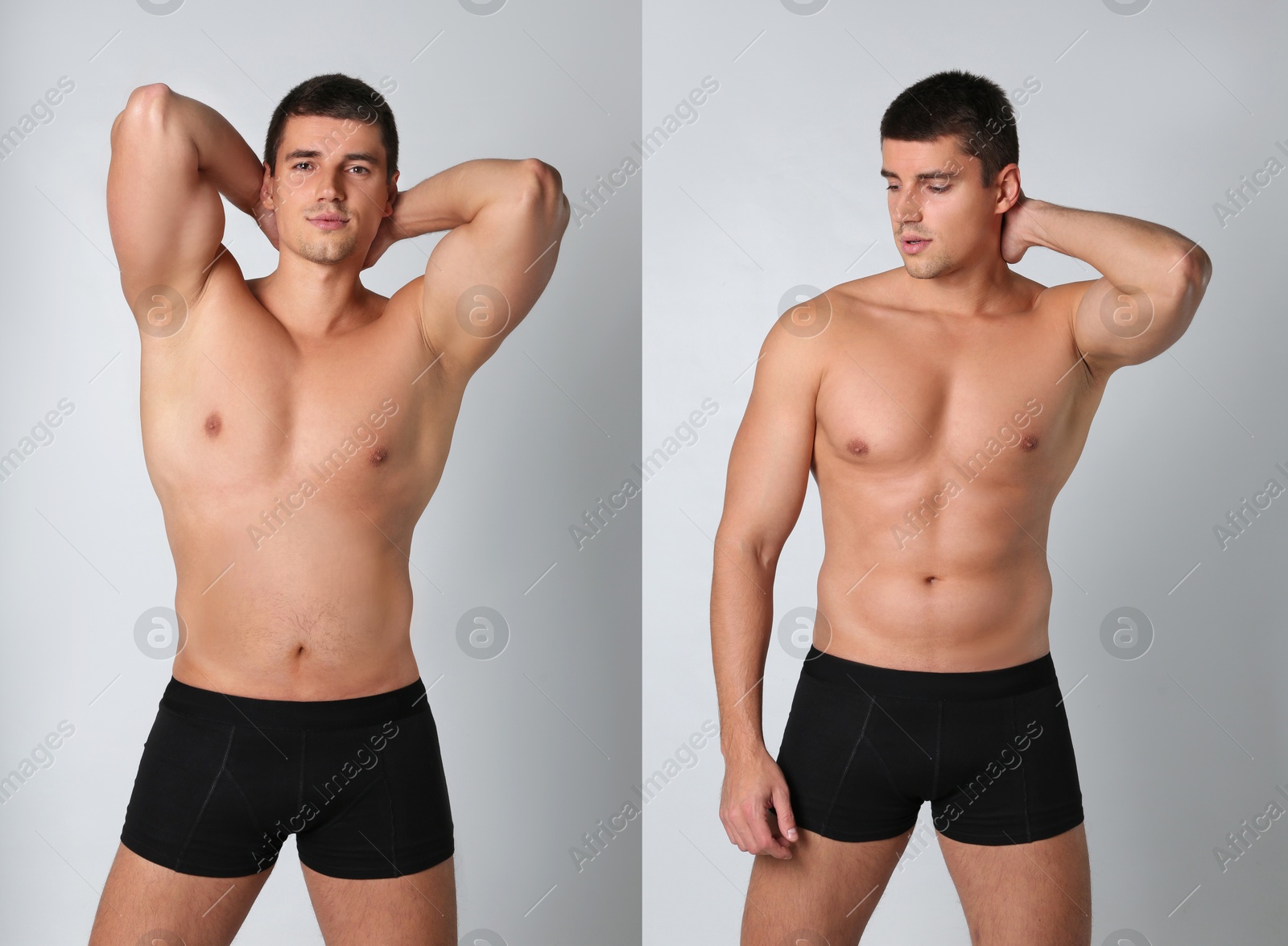 Image of Man before and after weight loss on light grey background. Collage of photos