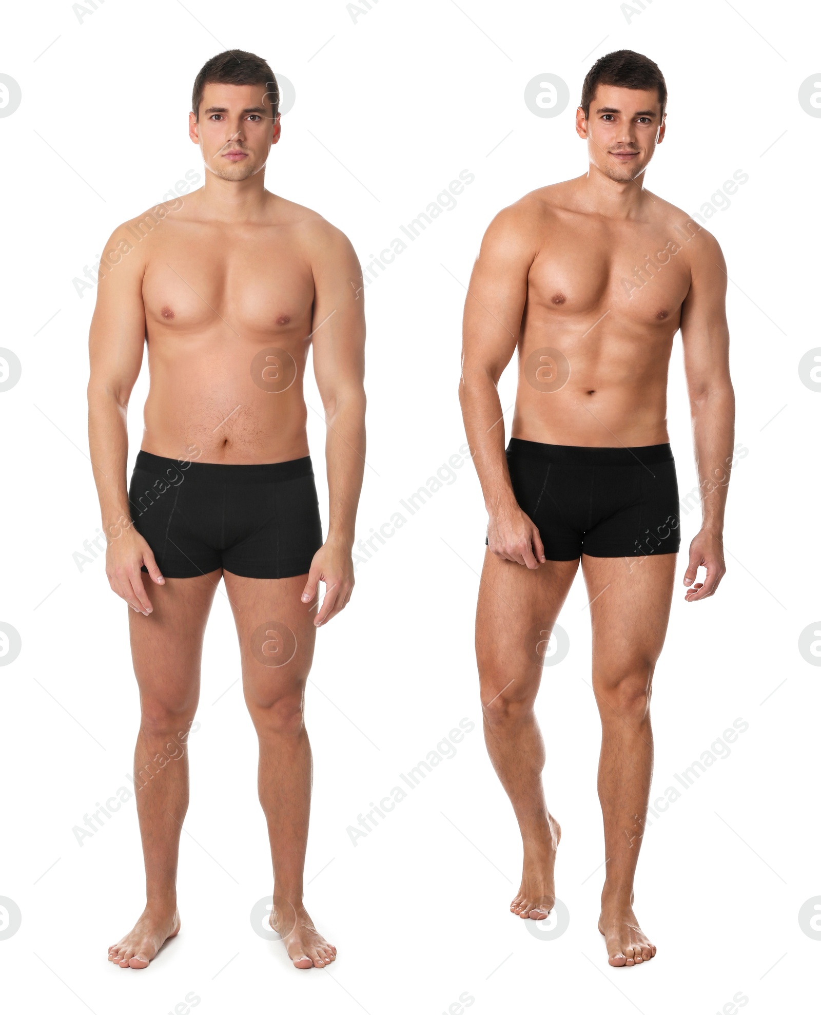 Image of Man before and after weight loss on white background, collage of photos