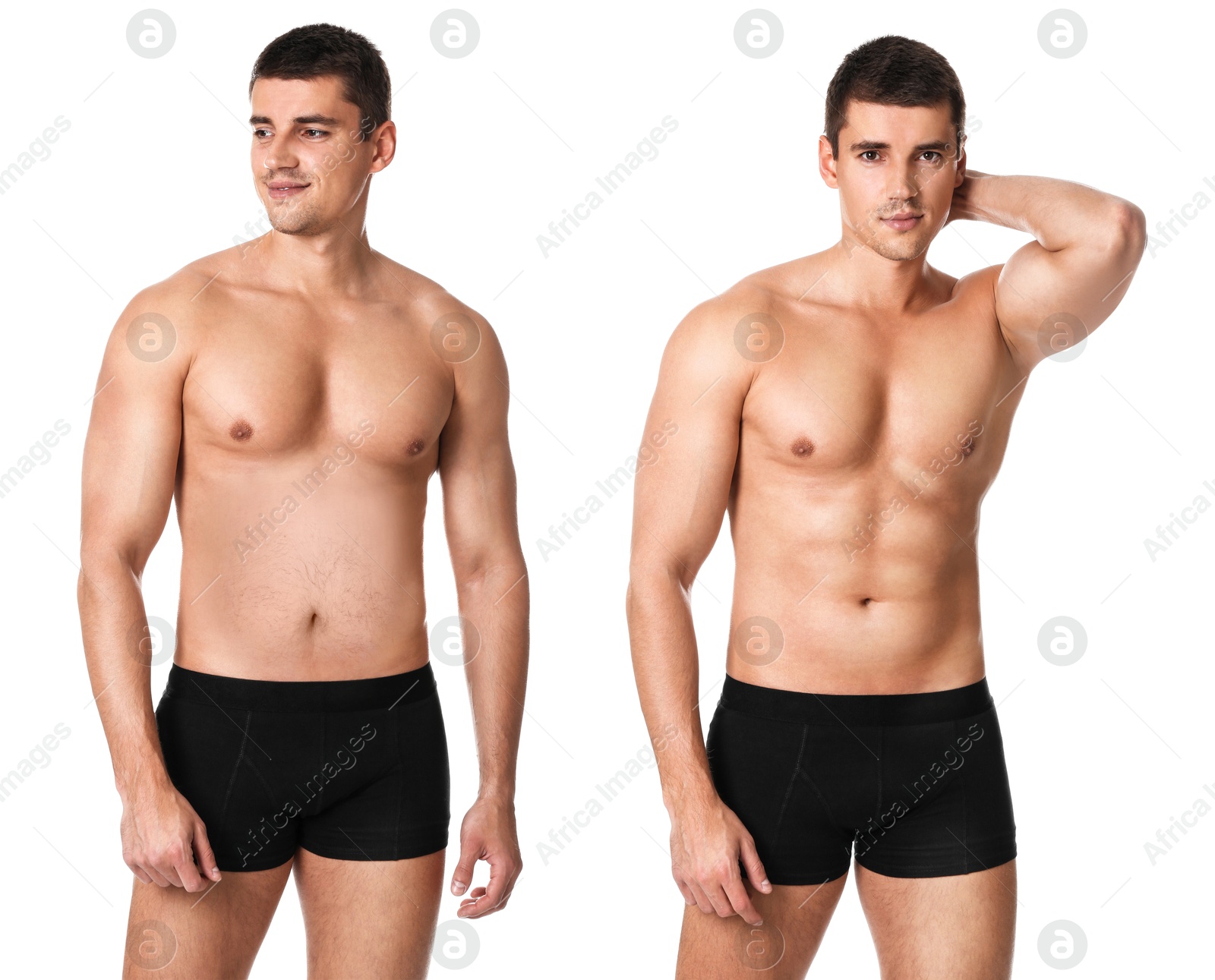 Image of Man before and after weight loss on white background. Collage of photos