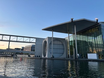 Berlin, Germany - July 30, 2024: Picturesque view of Marie-Elisabeth-Luders-Haus near river outdoors