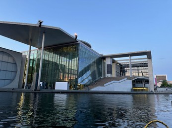 Berlin, Germany - July 30, 2024: Picturesque view of Marie-Elisabeth-Luders-Haus near river outdoors