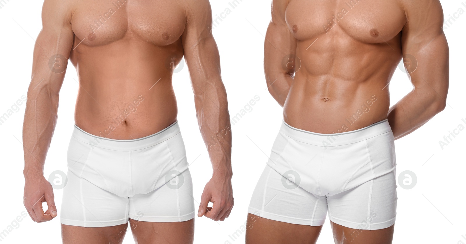 Image of Man before and after weight loss on white background, closeup. Collage of photos