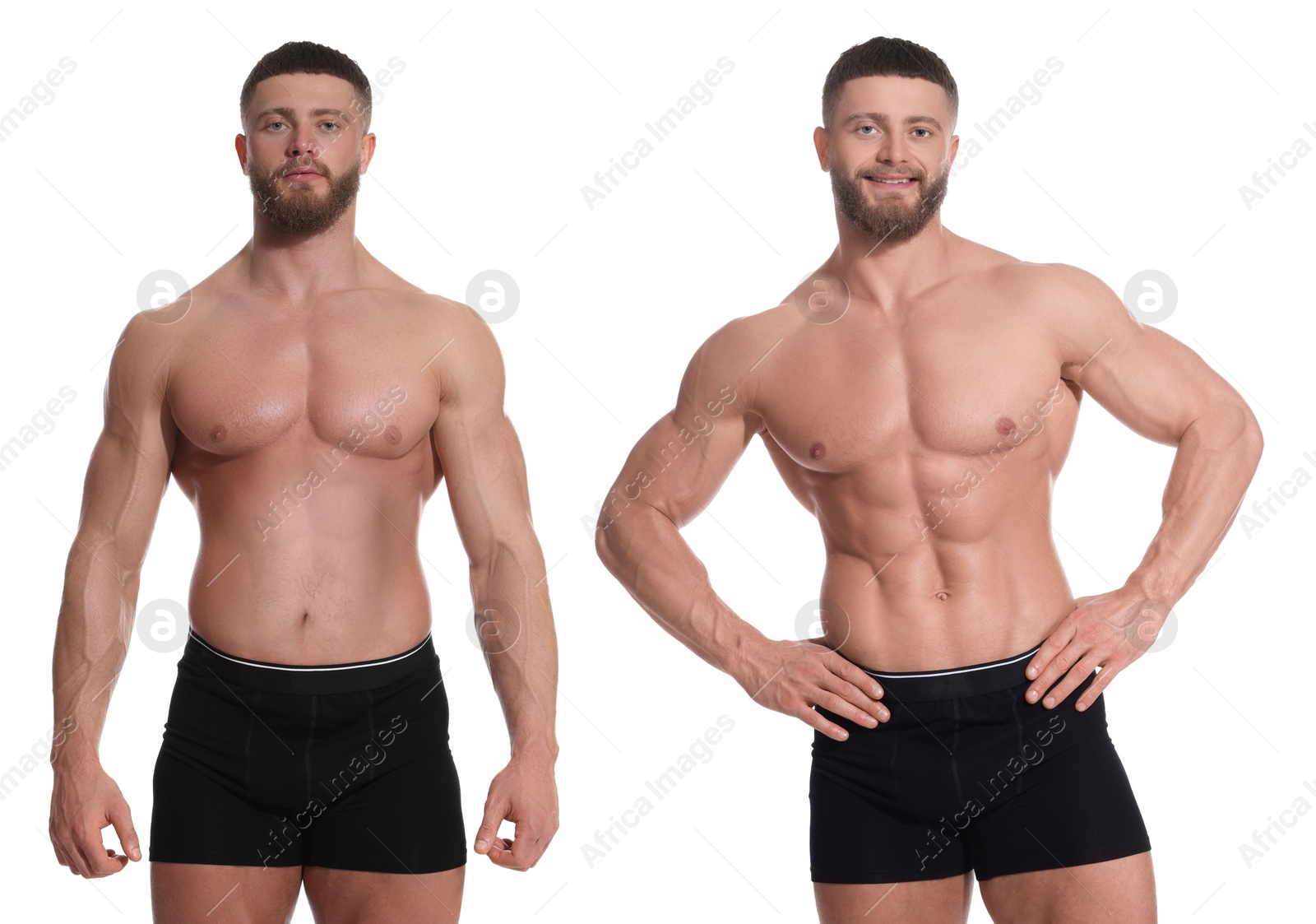 Image of Man before and after weight loss on white background. Collage of photos