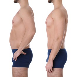 Image of Man before and after weight loss on white background, closeup. Collage of photos