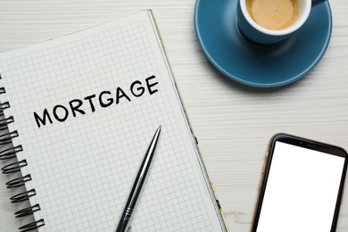 Image of Word Mortgage written in notebook, mobile phone and coffee on white wooden table, flat lay