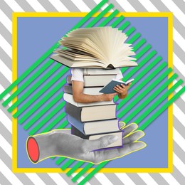 Image of Creative art collage with books and people's hands on color background