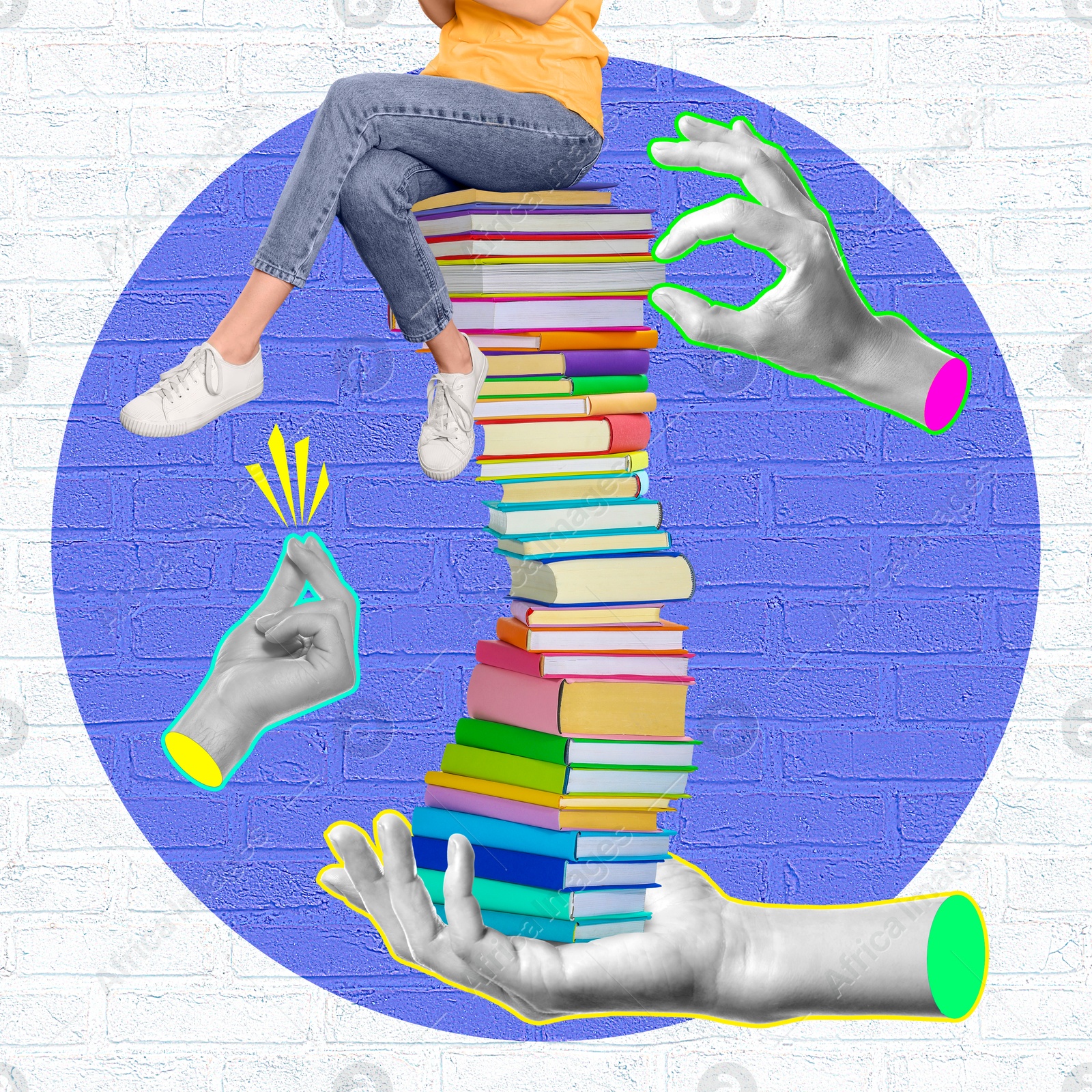 Image of Creative art collage with books, woman and people's hands on white background