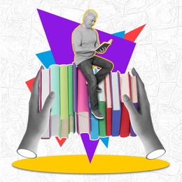 Image of Creative art collage with books, man and woman's hands on white background