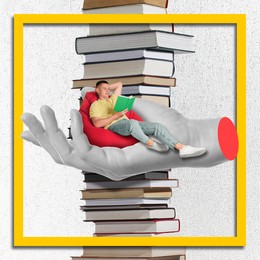 Image of Creative art collage with books, man and woman's hand on white background