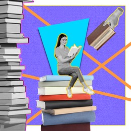 Image of Creative art collage with books, woman and girl's hand on white background