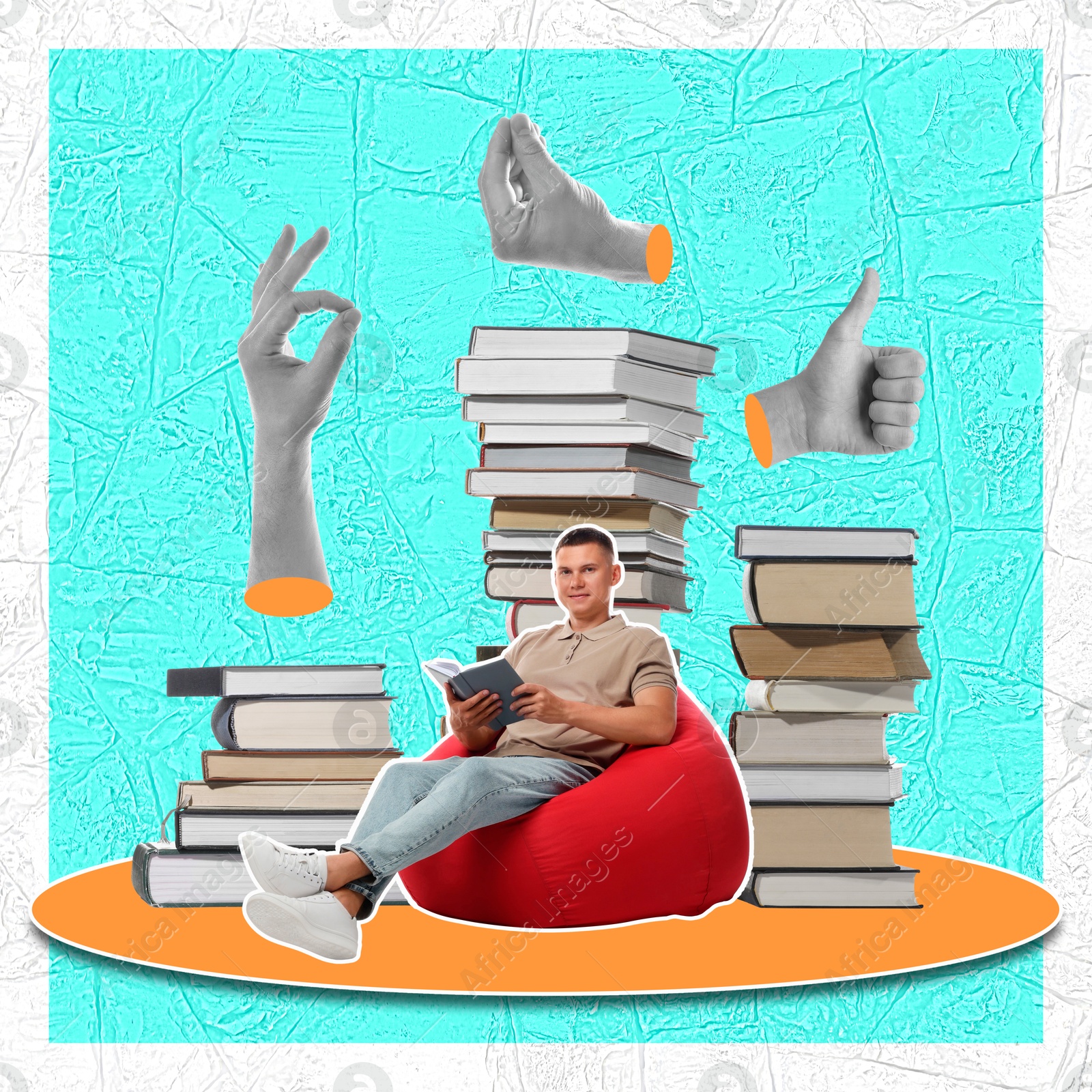 Image of Creative art collage with books, man and people's hands on color background