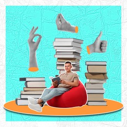 Creative art collage with books, man and people's hands on color background