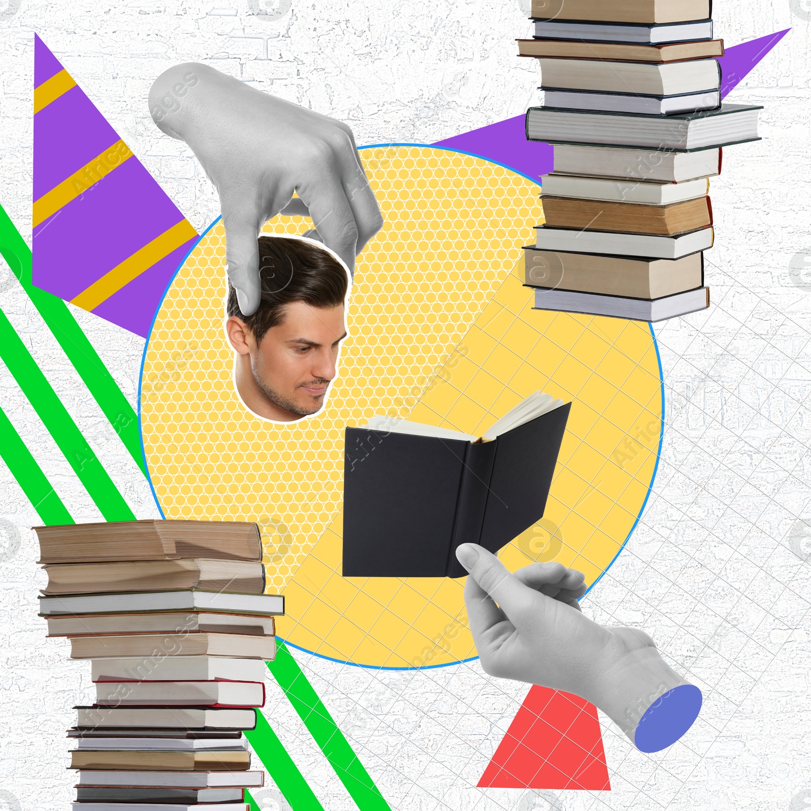 Image of Creative art collage with books, man and woman's hands on color background