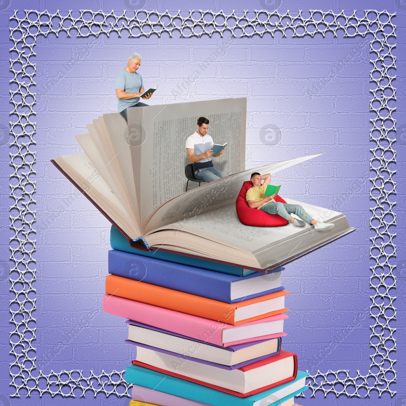 Image of Creative art collage with books and people on color background