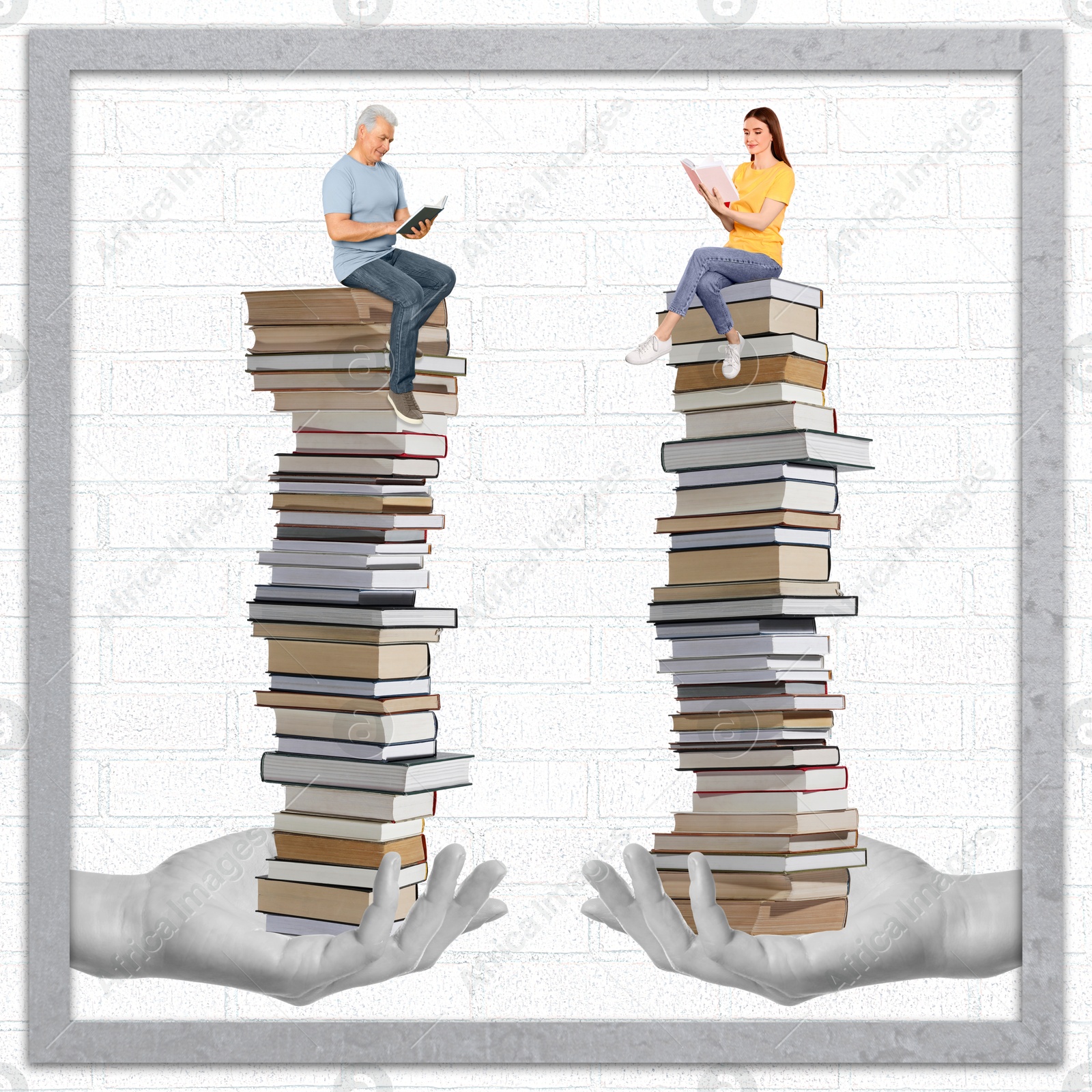 Image of Creative art collage with books, people and girl's hands on white background