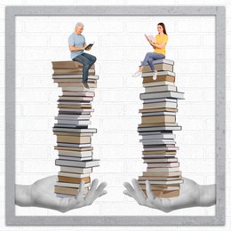 Creative art collage with books, people and girl's hands on white background