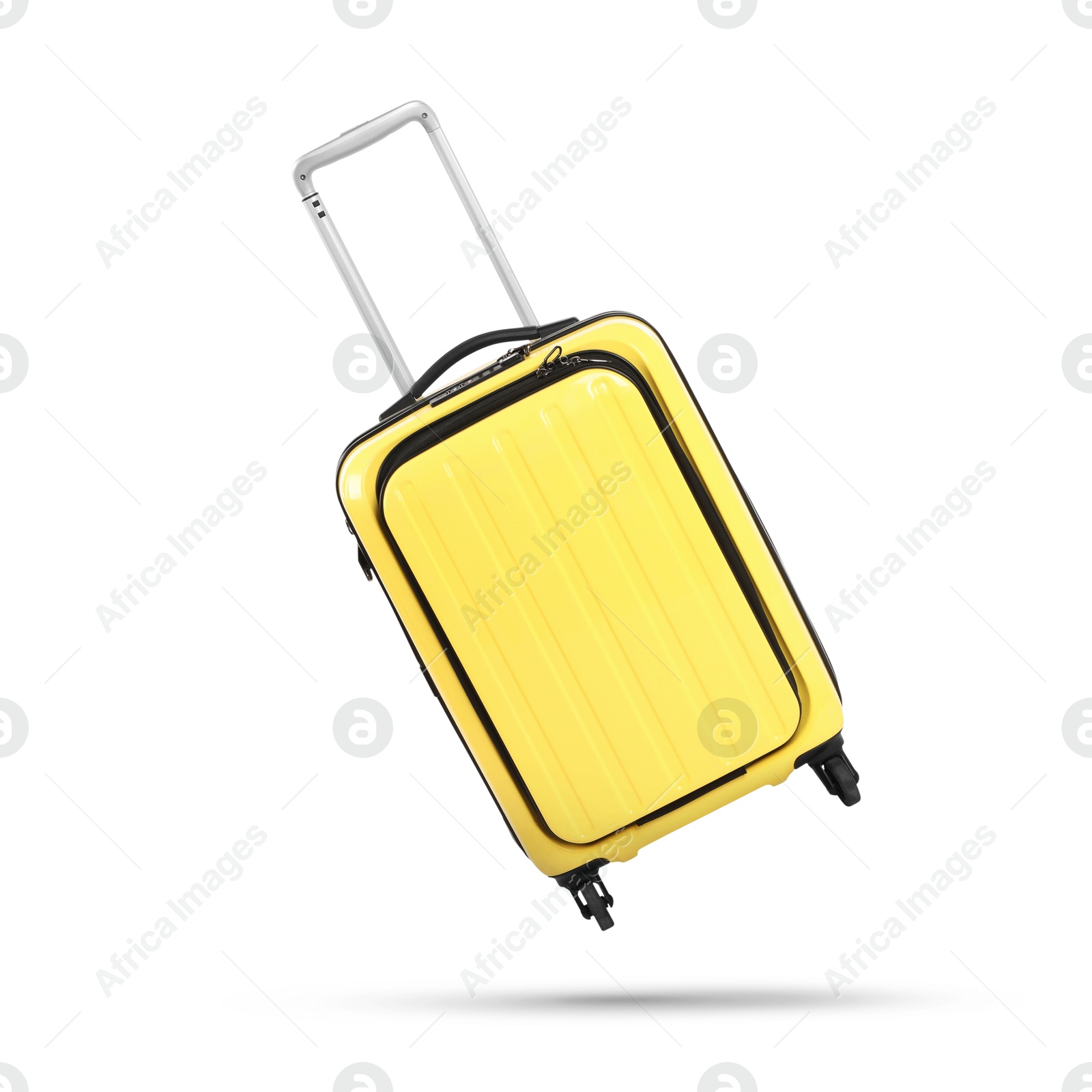 Image of Yellow suitcase in air on white background