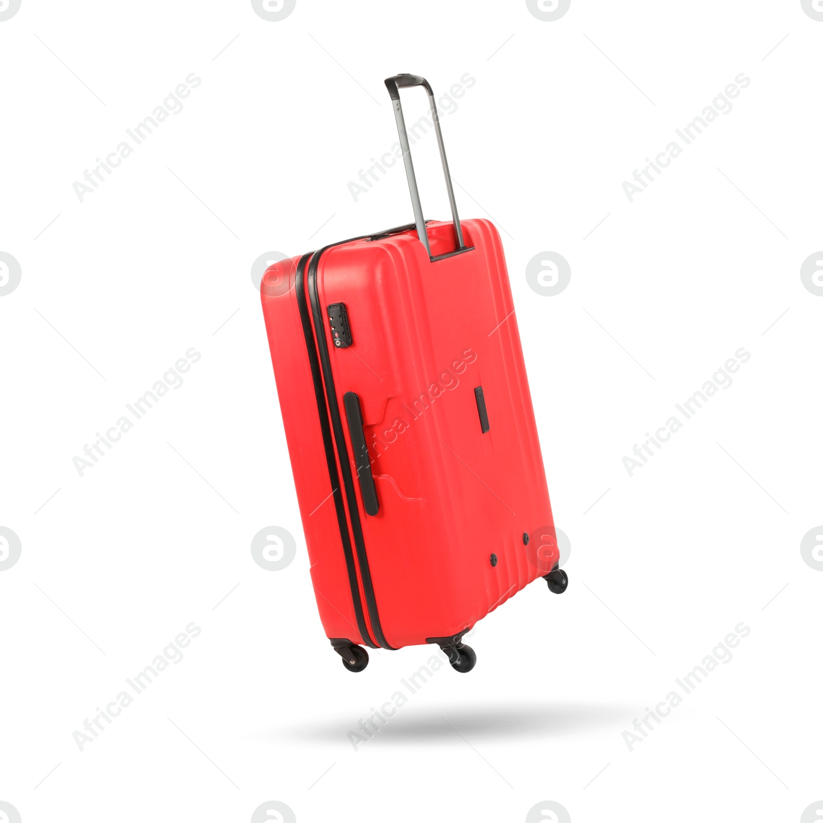 Image of Red suitcase in air on white background