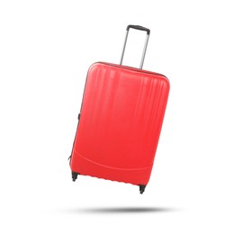 Image of Red suitcase in air on white background