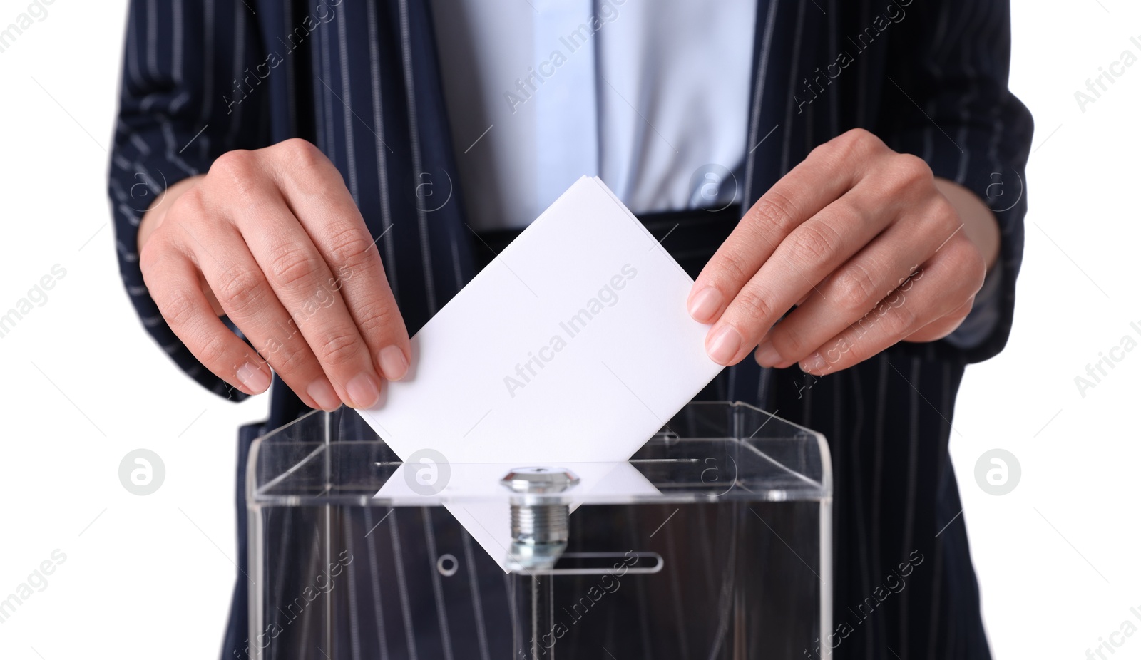 Photo of Woman putting her vote into ballot box against white background, closeup