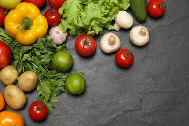 Photo of Healthy vegetarian food. Different vegetables, mushrooms and lime on dark textured table, flat lay. Space for text