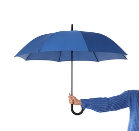 Woman with blue umbrella on white background, closeup