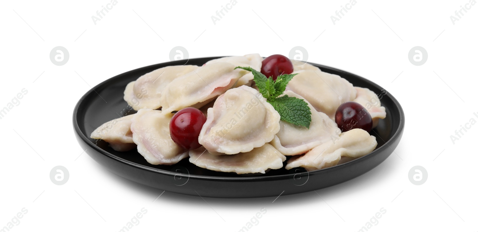 Photo of Traditional Ukrainian dumplings (varenyky) with cherries isolated on white