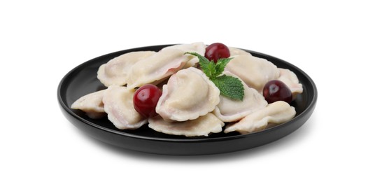 Photo of Traditional Ukrainian dumplings (varenyky) with cherries isolated on white