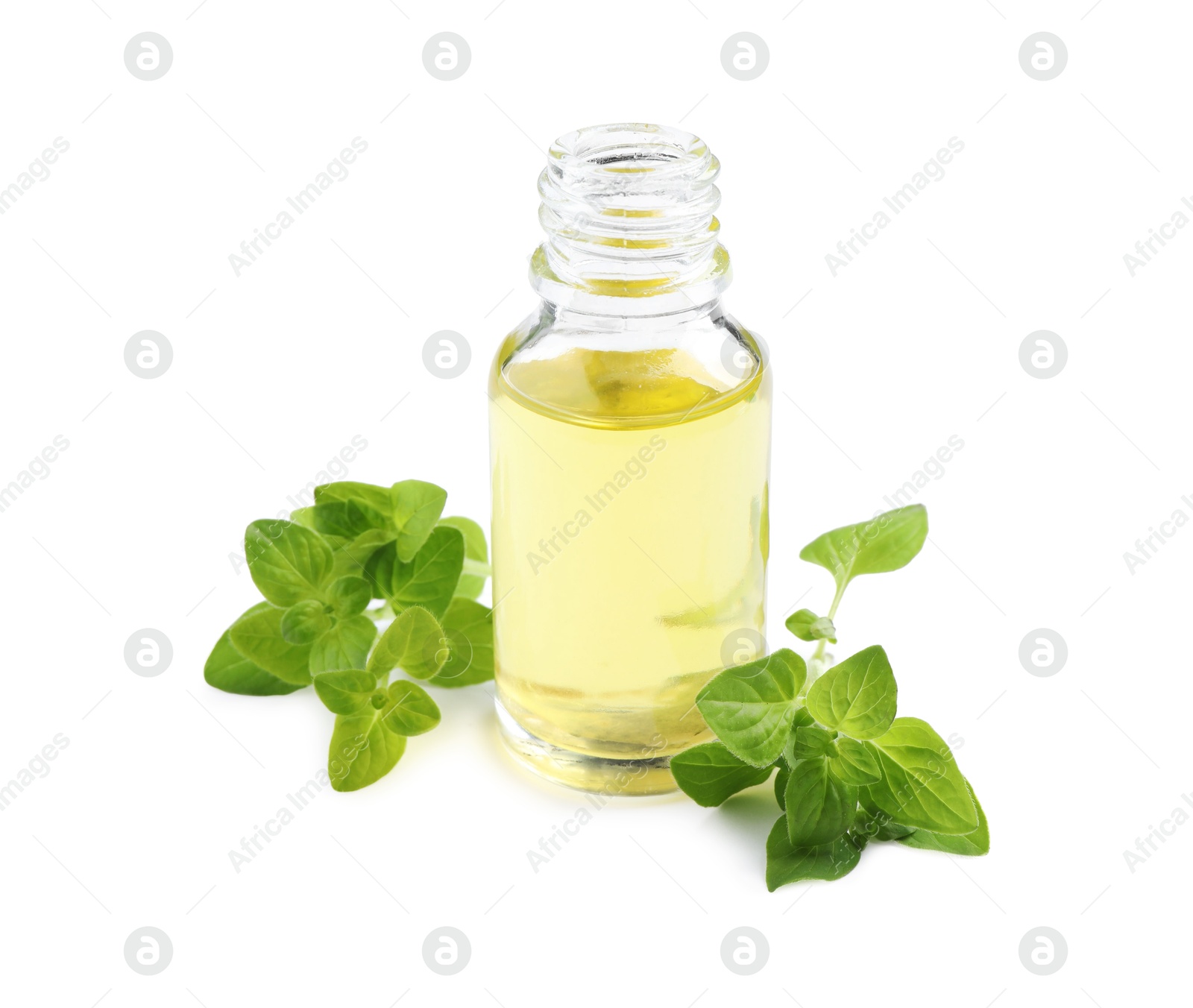 Photo of Essential oil in bottle and oregano leaves isolated on white