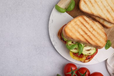 Photo of Tasty sandwiches with grilled vegetables and spices on light textured table, flat lay. Space for text