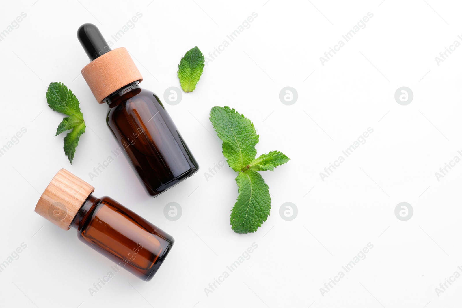 Photo of Bottles of essential oils and mint isolated on white, top view