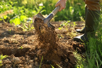 Photo of Farmer digging soil with shovel on sunny day, closeup