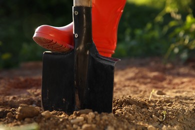 Farmer digging soil with shovel, closeup view