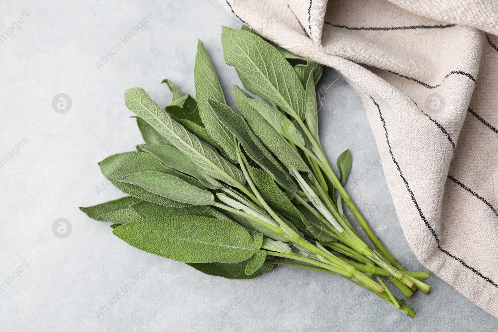 Photo of Fresh sage leaves on grey table, top view