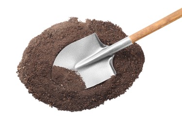 Photo of Metal shovel with wooden handle and pile of soil isolated on white, top view