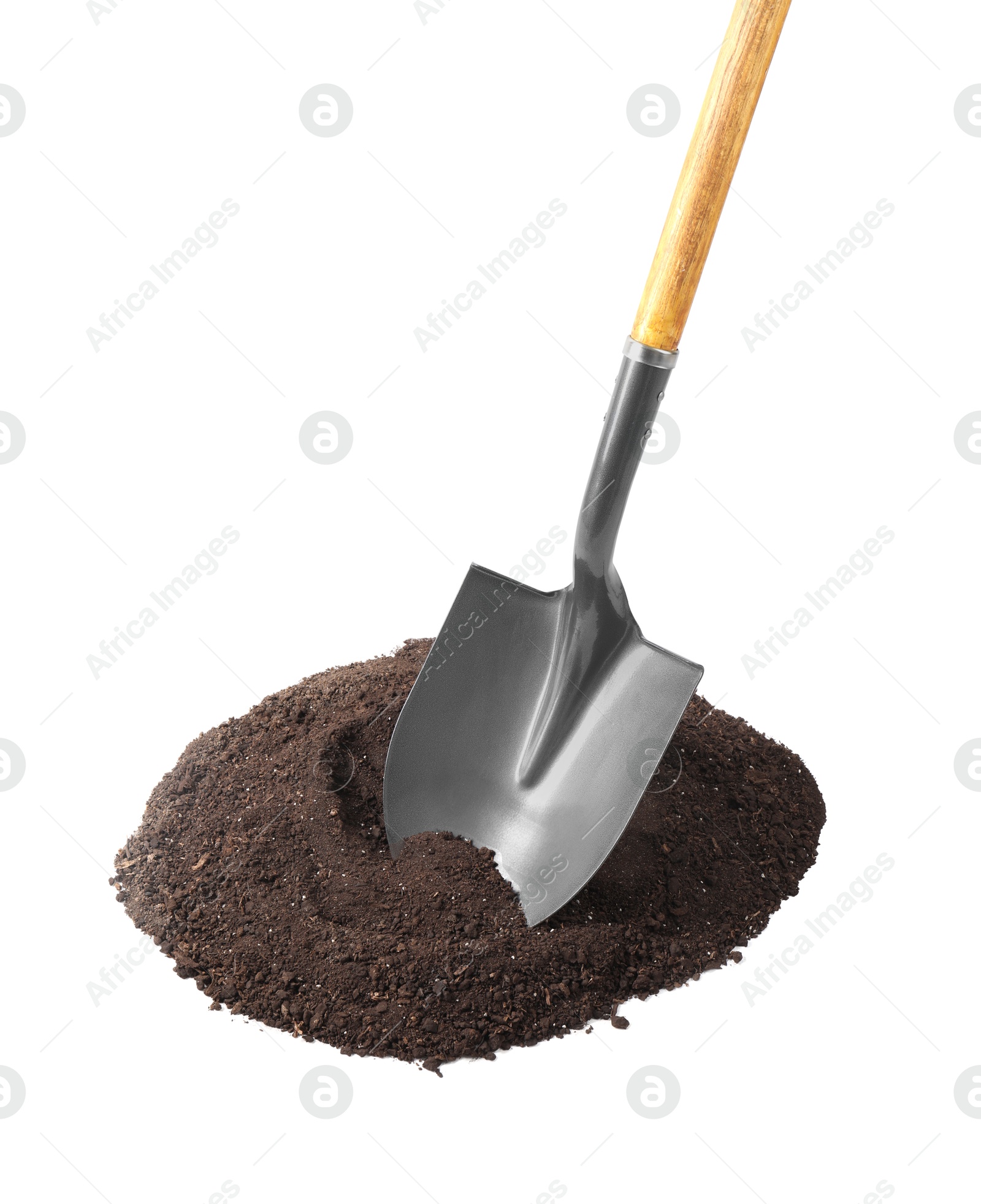 Photo of Metal shovel with wooden handle and pile of soil isolated on white