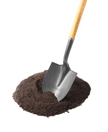 Photo of Metal shovel with wooden handle and pile of soil isolated on white