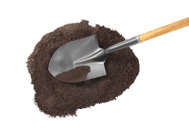 Photo of Metal shovel with wooden handle and pile of soil isolated on white