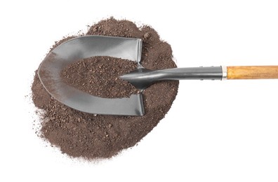 Photo of Metal shovel with wooden handle and pile of soil isolated on white, top view