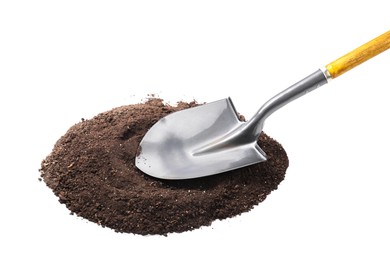 Photo of Metal shovel with wooden handle and pile of soil isolated on white