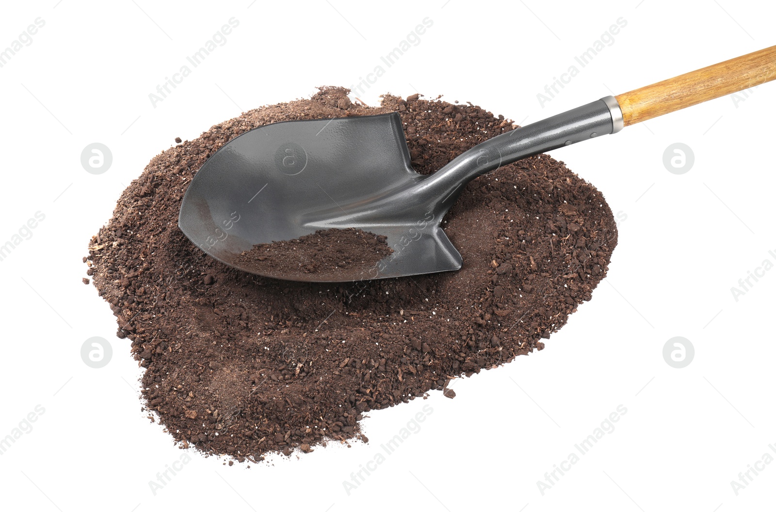 Photo of Metal shovel with wooden handle and pile of soil isolated on white